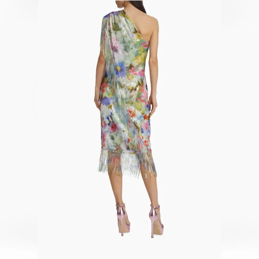 BADGLEY MISCHKA Green Multi Fringe Sequin Floral One Shoulder Dress - Picture 10 of 17